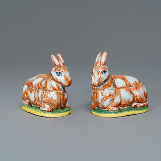 A pair of polychrome Dutch Delft 'hare' tureens, 18th C.